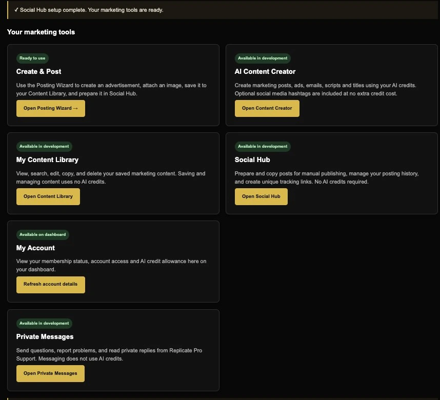 Actual Replicate Pro member dashboard marketing tools, cropped to omit development account details